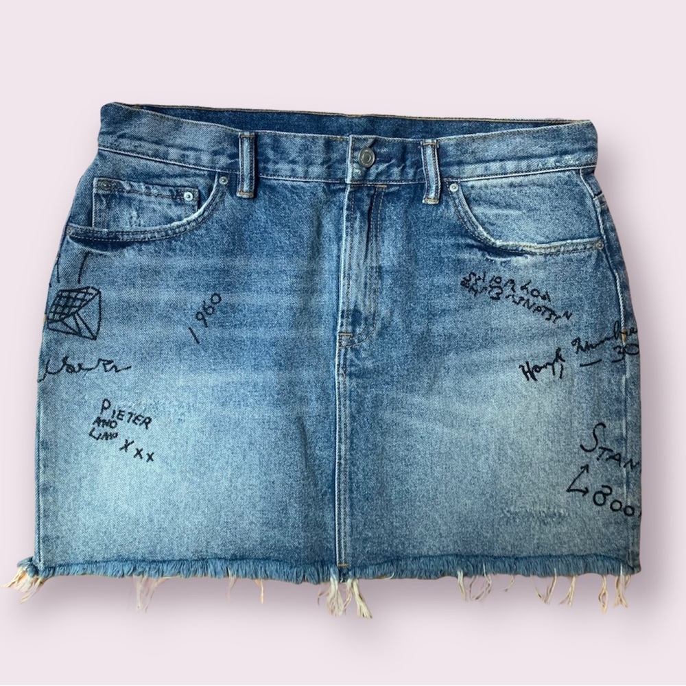 Allsaints denim graffiti mini skirt